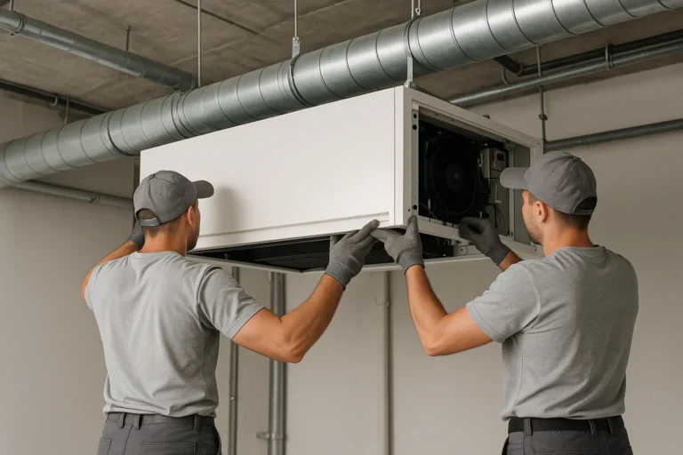 Schemat działania rekuperatora zamontowanego pod sufitem w garażu – cztery rury: nawiew i zaciąg powietrza świeżego (niebieskie) oraz wyciąg i wyrzut zużytego powietrza (czerwone) – instalacja KBI INSTAL.