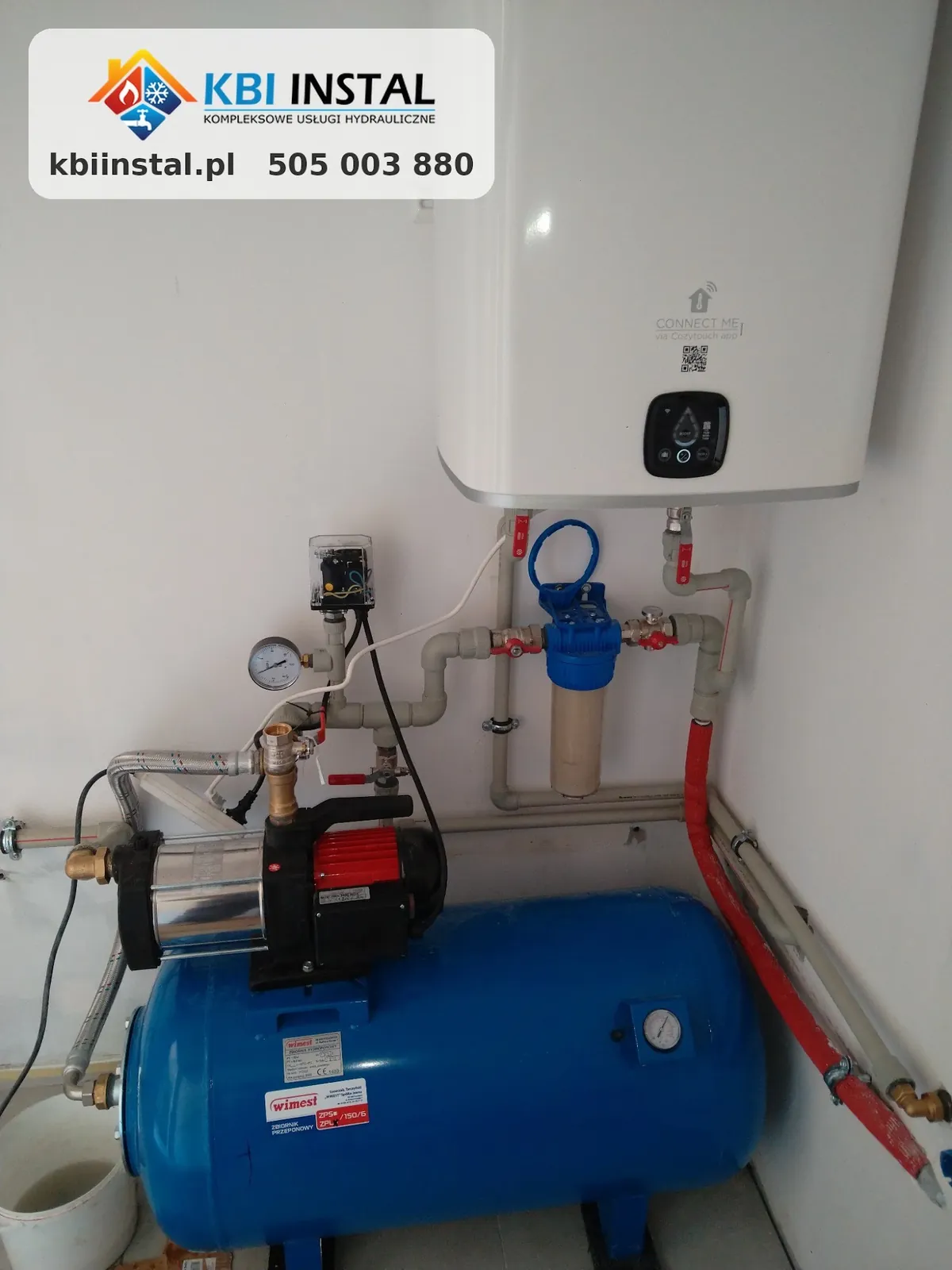 Zestaw hydroforowy z pompą i filtrem wody pod podgrzewaczem - instalacje wodno-kanalizacyjne